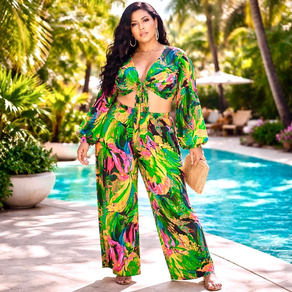 Womens Tropical Print Tie‎ Front 2 pc Boho set- 1X